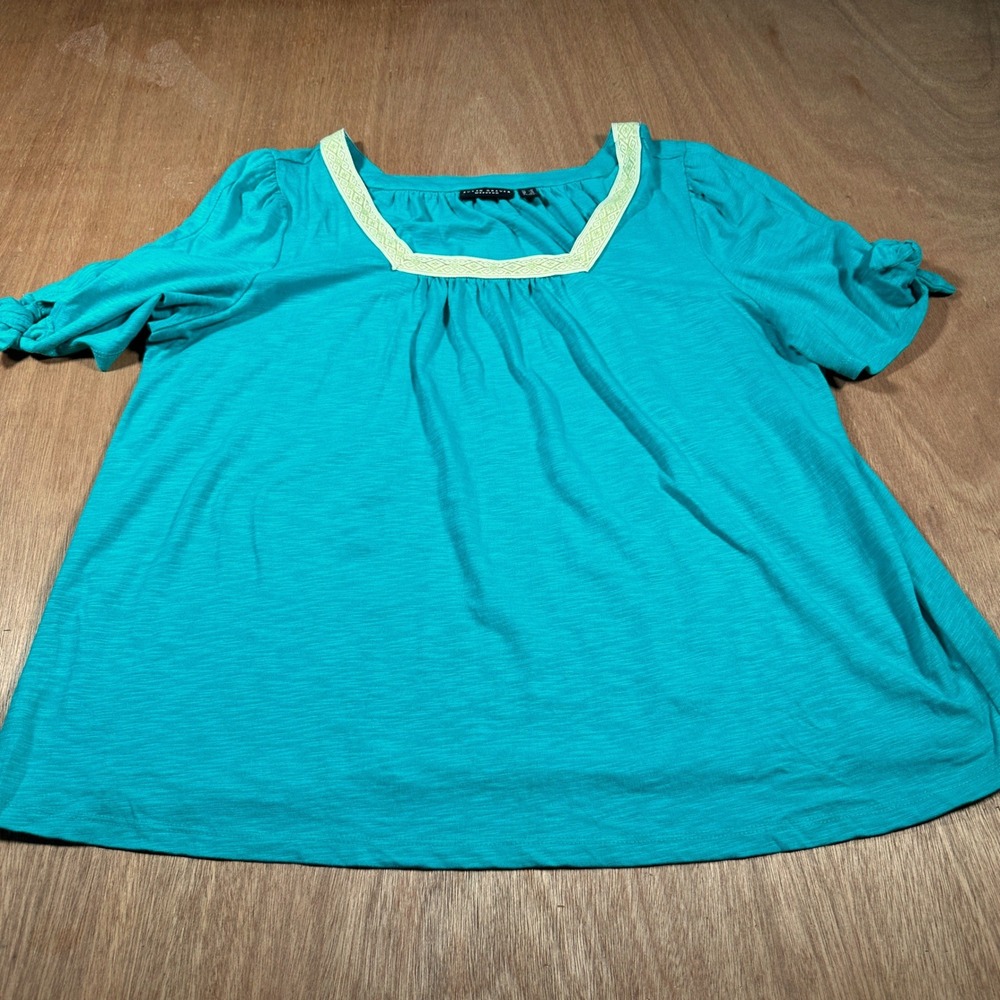 Susan Graver Weekend Top Women 1X Teal Green Slub Knit Embroidered Square Neck